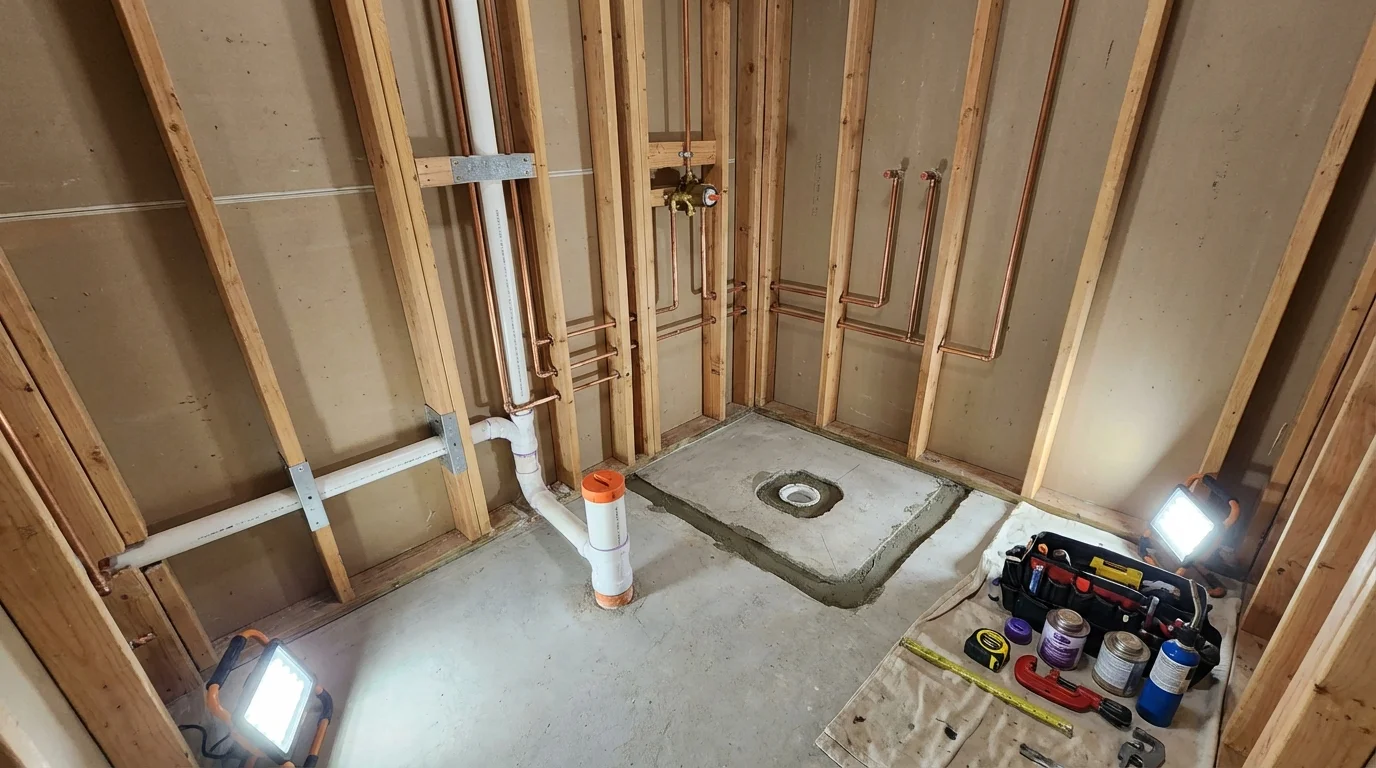 Bathroom rough-in plumbing during remodel by Johns Plumbing LLC in Paola