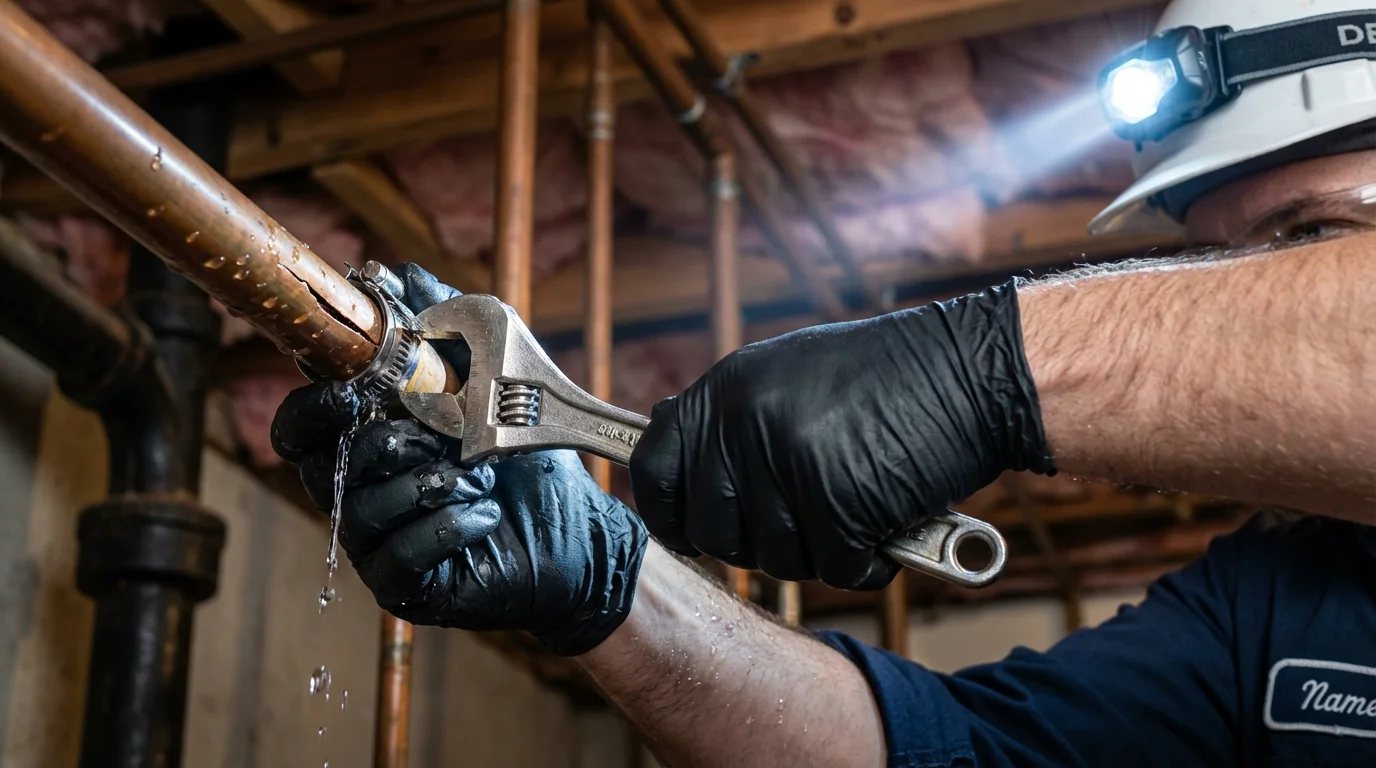 Emergency pipe clamp repair being performed by a Johns Plumbing LLC plumber in Paola