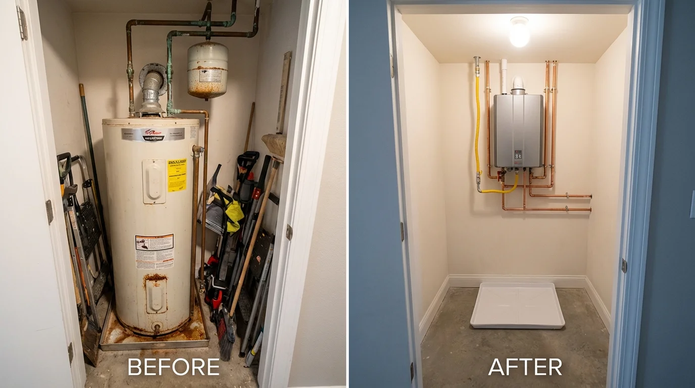 Tank water heater versus wall-mounted tankless unit comparison for Paola, KS homeowners