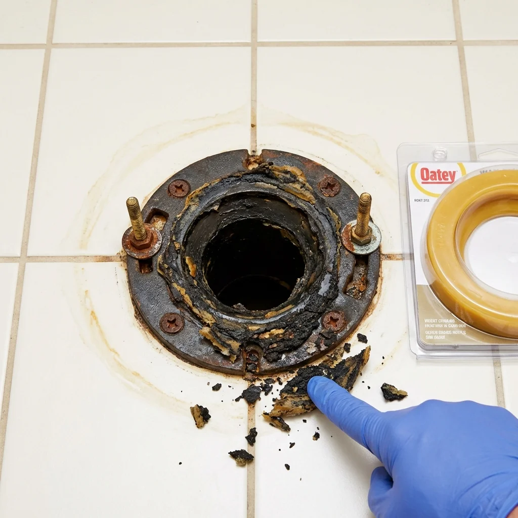 Failed wax ring showing water seepage at the base of a toilet in a Paola, KS home
