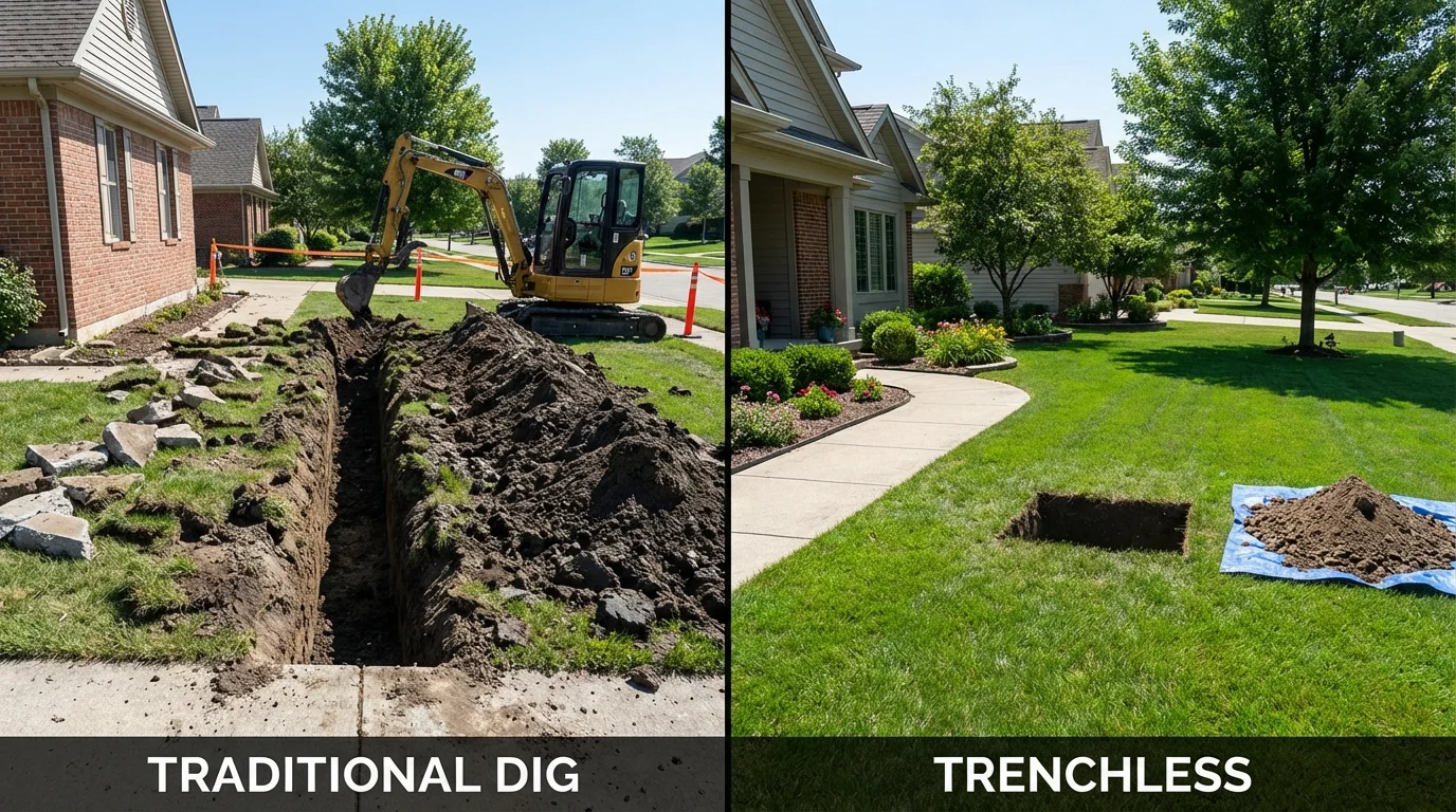 Trenchless sewer repair with minimal yard damage versus traditional excavation in Paola, KS