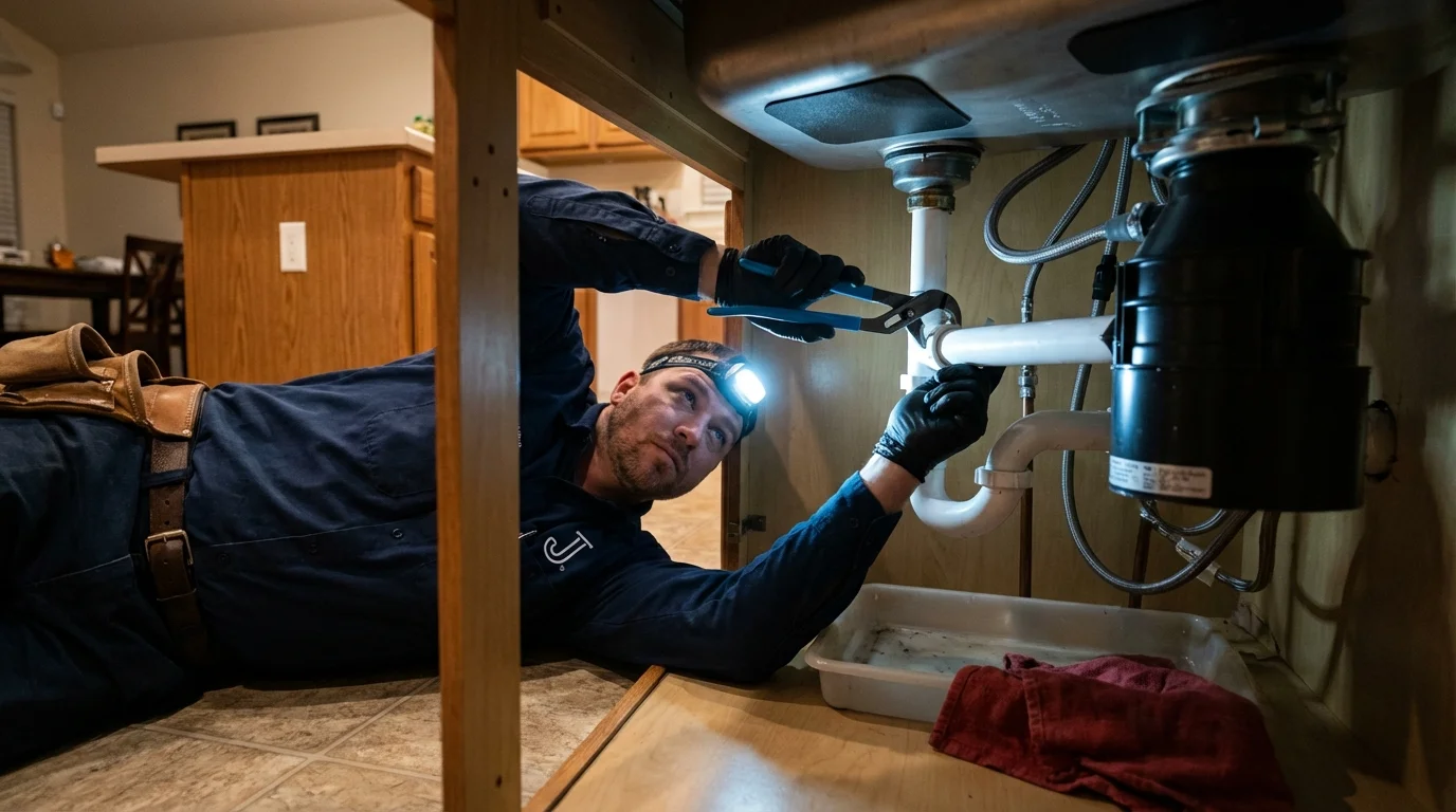 P-trap and supply line connections under a kitchen sink showing a common leak point in Paola, KS